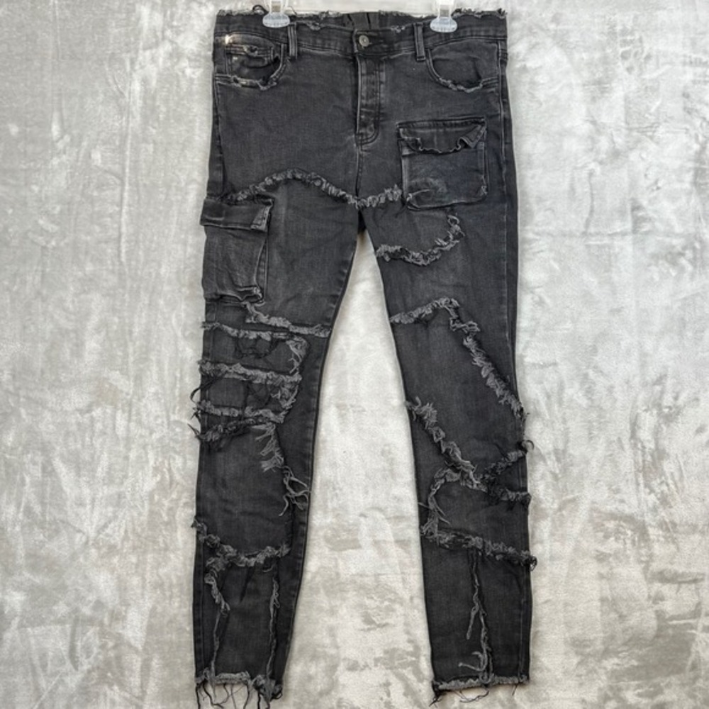 Valabasas Mens Distressed Black Cargo Jeans Ripped Slim Fit‎ Denim 36x32 Pants